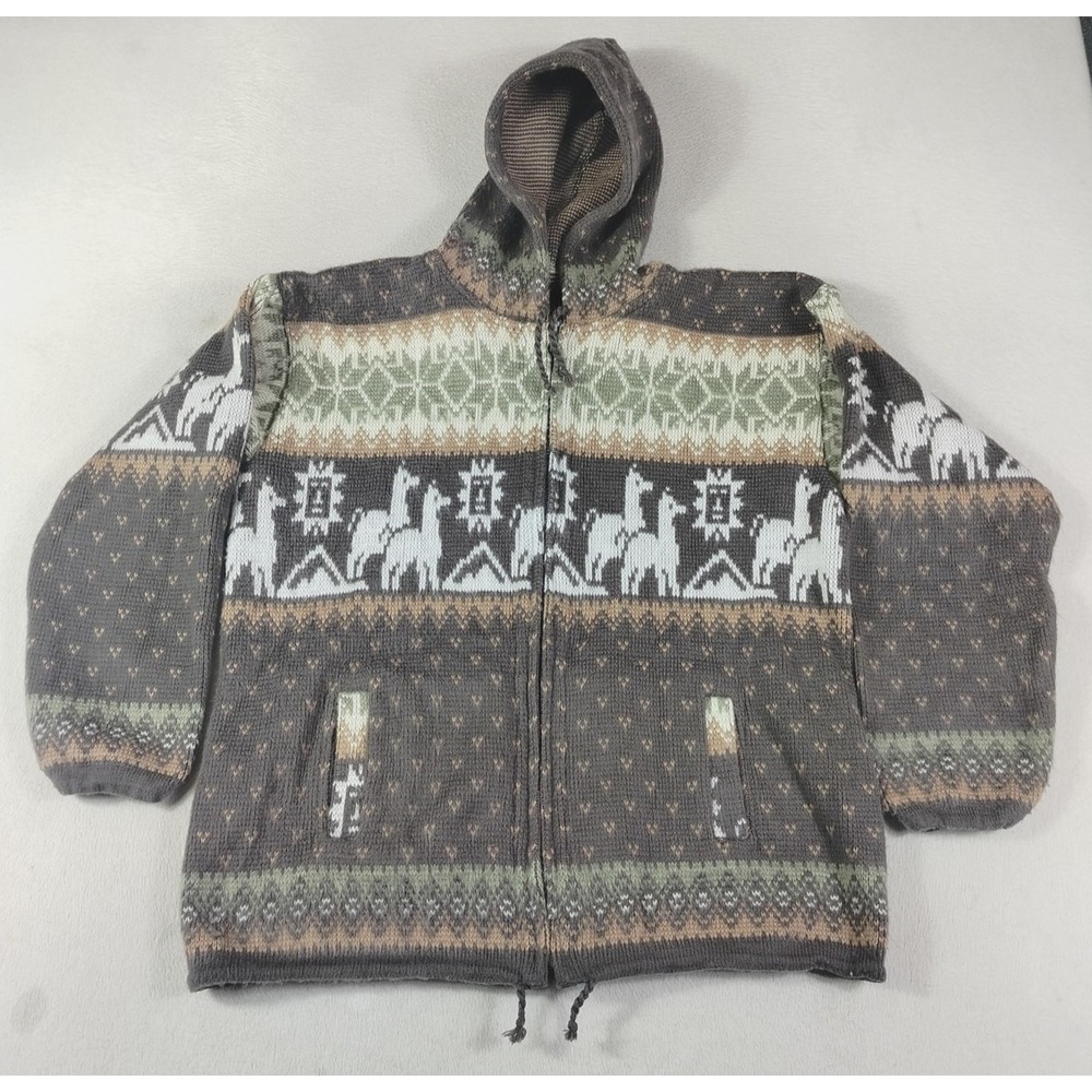 Tejidos Ruminahui Sweater Hoodie Mens Medium Gray Llama Fair Isle Wool Ecuador